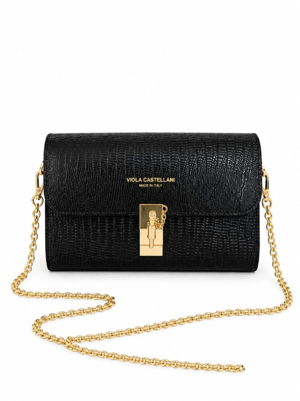 Viola Castellani Black Leather Crossbody Clutch Handbag Purse Italy Gold Whimsi